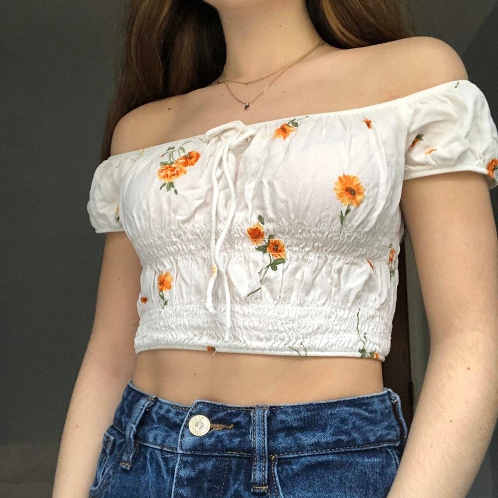 Kendall & Kylie White Floral Smocked‎ Cottagecore Crop Top XS